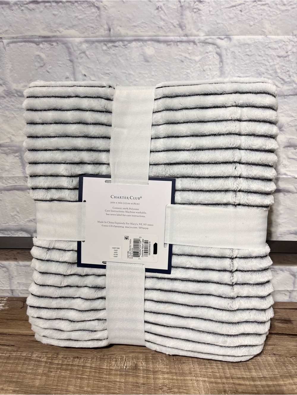Charter Club Cozy Plush Ribbed Throw - White and Gray Stripes